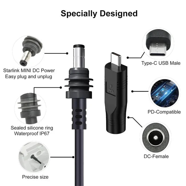 Starlink Mini Ethernet DC Power Cable with USB C to DC Adapter