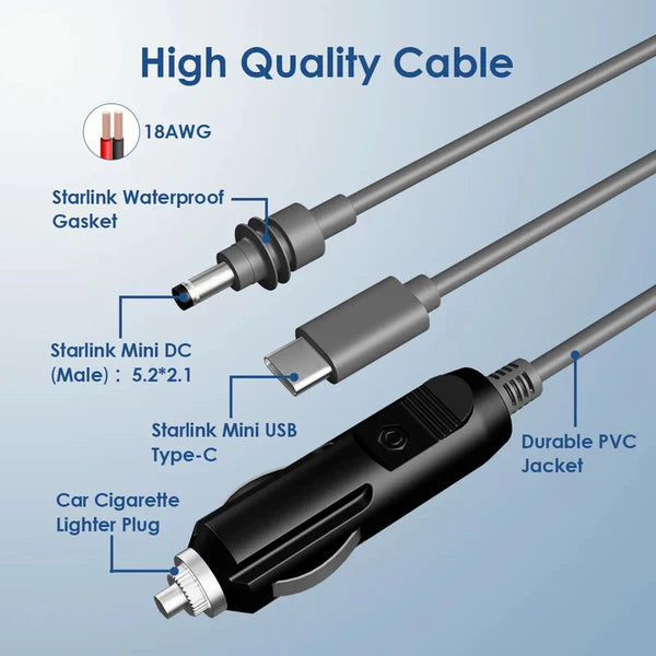 Starlink Mini 3 in 1 DC Power Cable Cord (Waterproof Extension Starlink Mini USB C 12-20V Cigarette Lighter Plug and DC Male)