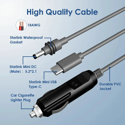 Starlink Mini 3 in 1 DC Power Cable Cord (Waterproof Extension Starlink Mini USB C 12-20V Cigarette Lighter Plug and DC Male)